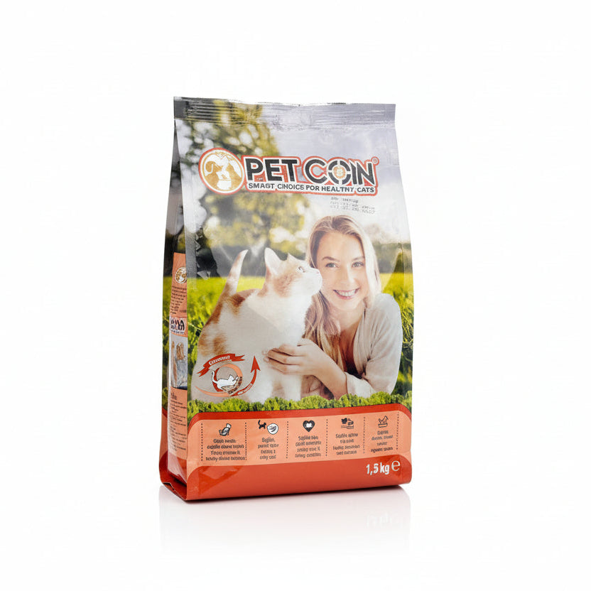 Petcoin cat food package with a woman holding a cat on a grassy background
