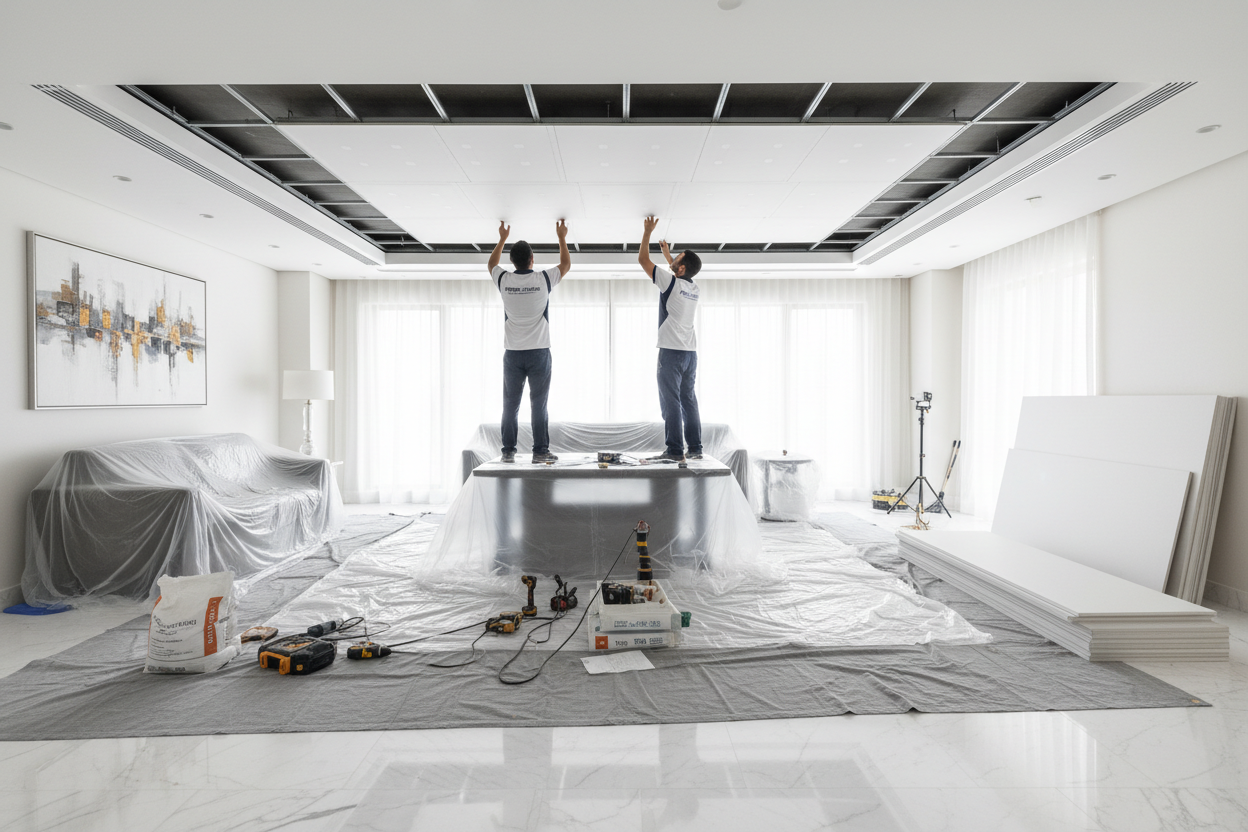 Clean WorkmanshipWe protect your furniture and flooring, minimize dust, and leave your space spotless. Our systematic approach ensures minimal disruption to your daily life.Warranty & SupportAll our ceiling installations come with workmanship warranty. We provide aftercare support for touch-ups, repairs, and future modifications.