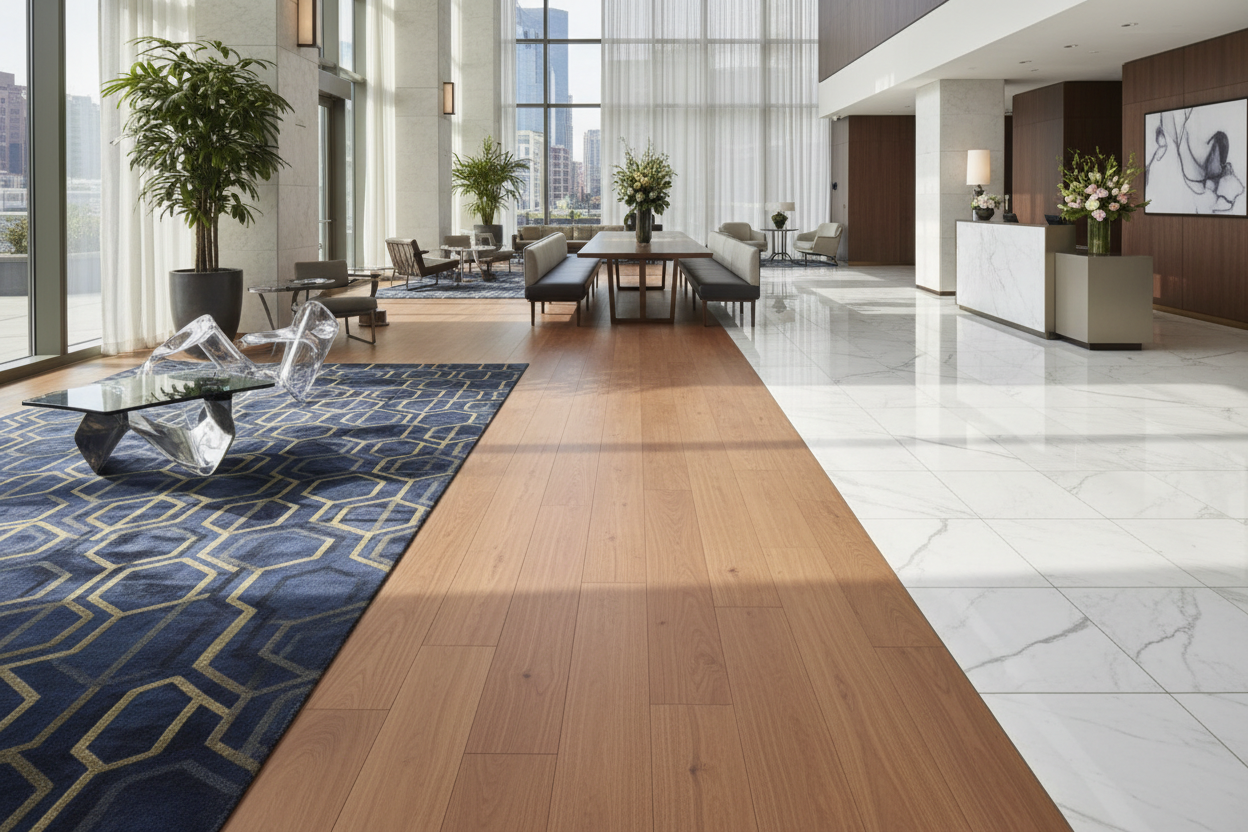 Elegant carpet, hardwood, and marble flooring designed for high-traffic areas, guest rooms, lobbies, and restaurants with fire-rated and acoustic options.
