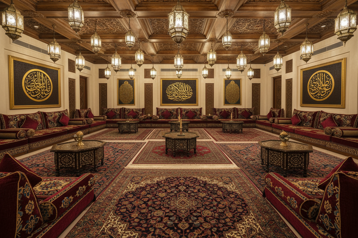 Every Dubai Majlis we create combines authentic Emirati heritage with contemporary luxury. From classic floor seating in Arabian Ranches villas to modern interpretations in Dubai Marina apartments, we design spaces that honor your traditions while meeting today's lifestyle needs.
provide me 2 pictures