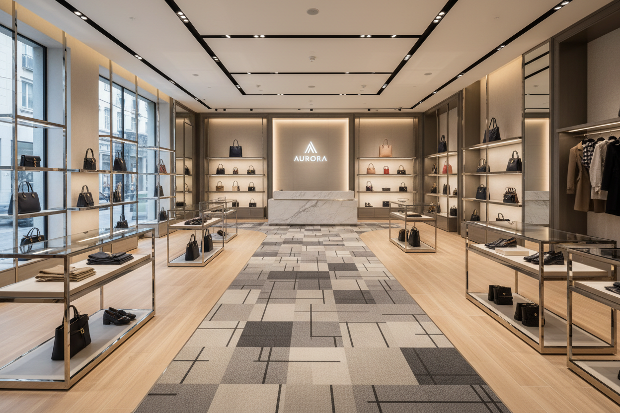 Eye-catching flooring that enhances product displays, withstands heavy foot traffic, and reinforces brand identity