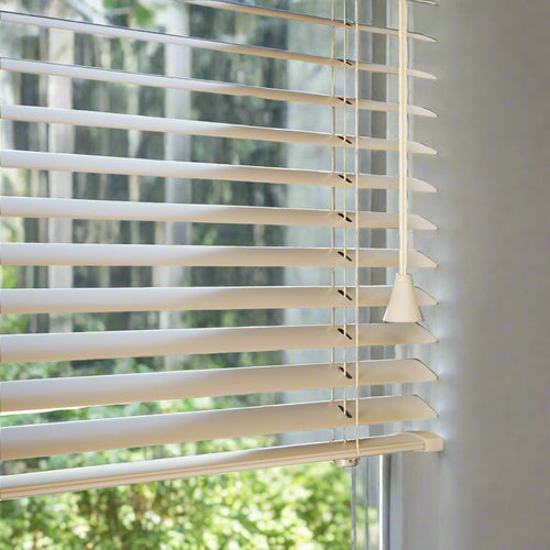 Wooden venetian blinds with a white background