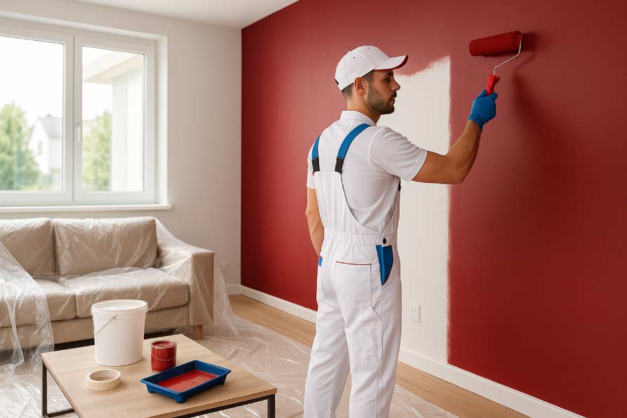 A painter rolling a fresh coat onto a living room wall, furniture and floor covered with dust sheets